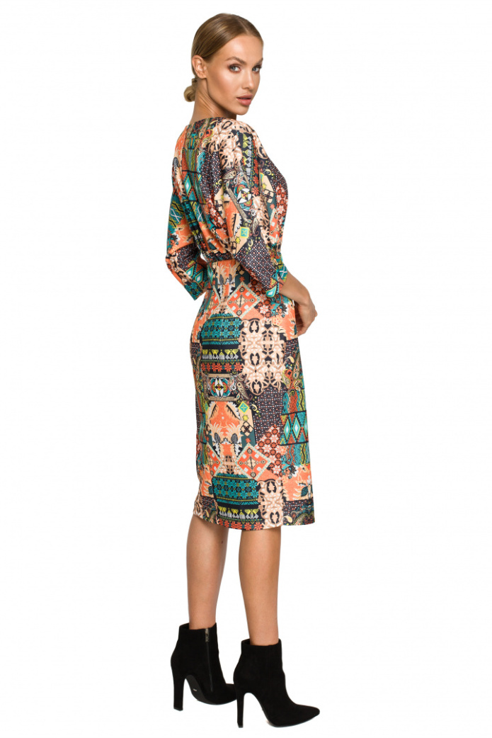 Sukienka midi z nadrukiem dekolt V ołówkowa spódnica m3